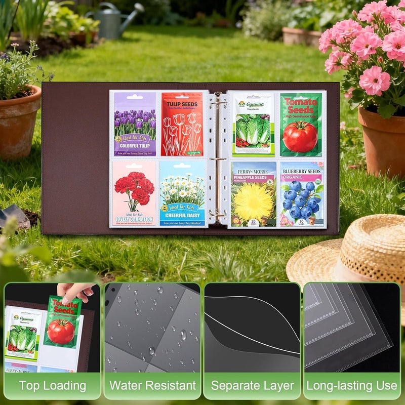 Zofly A4 3 Ring Binder Garden Seeds Storage Album with 30 Pcs 3.5x5” Seed Packet Sleeves, PU Leather Hardcover Organization Book for Seed Packet，Photo, Index Card，240 Top Loading Pockets Capacity - Image 5
